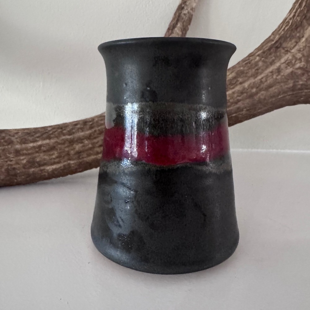 Mountain Art Studio Pottery Mug Matte Black Glossy Red Band Handcrafted Ceramic - Picture 4 of 7
